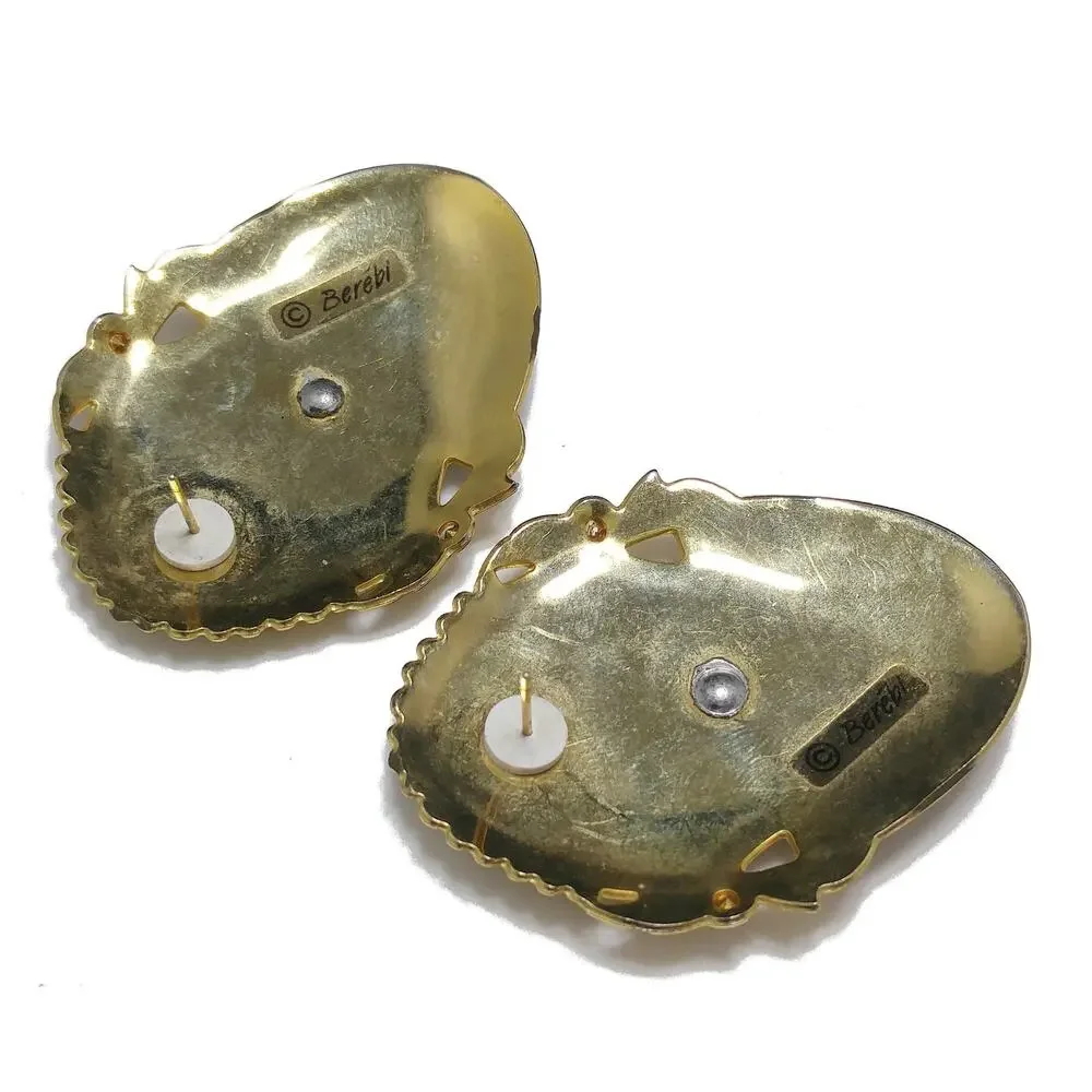 Berebi Large Enamel Rhinestone Post Earrings, Textured Brown & Black, 1980s